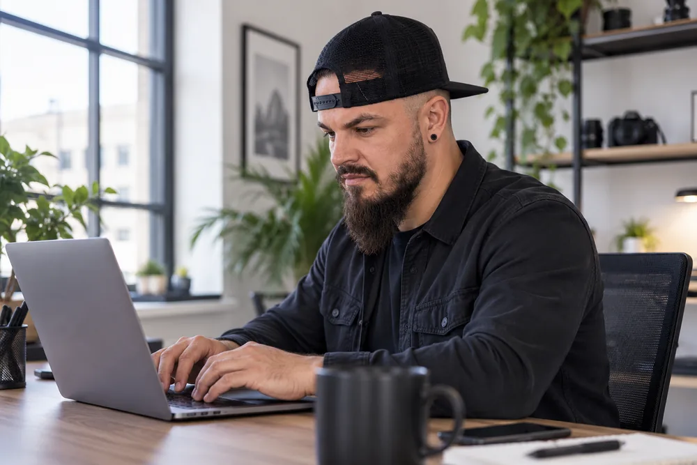 Paweł Kwiatek sprawdza kampanie na laptopie.