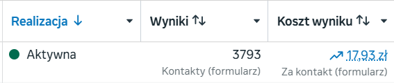 Zrzut z menedżera reklam. Aktywna kampania, 3793 kontakty z formularza, koszt kontaktu 17,93 zł.